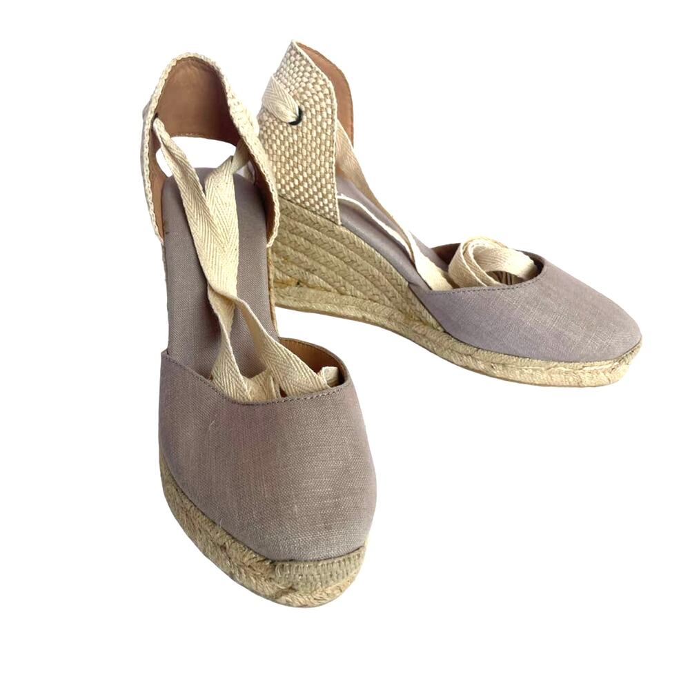 Soludos Marseille Wedge Ankle Tie Beige Neutral Linen Spain Size 8.5